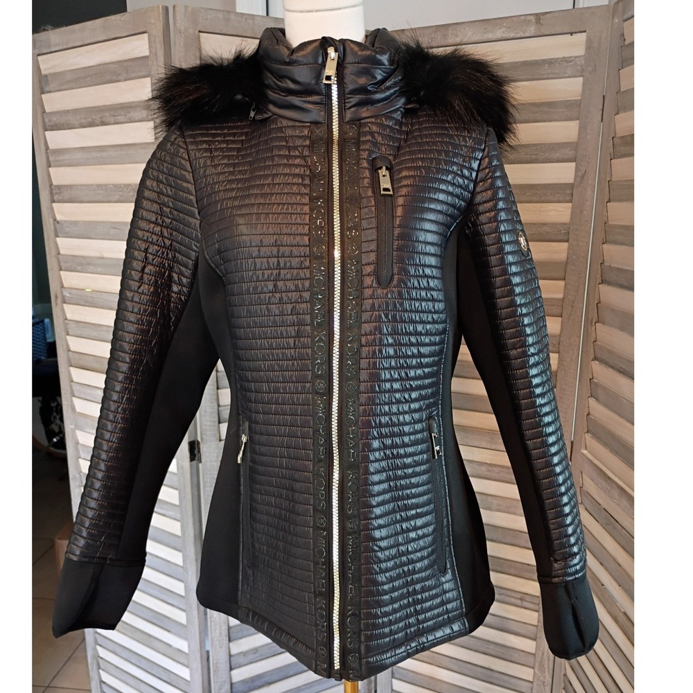 MICHAEL KORS Black Faux-Fur-Trim Hooded Quilted Jacket - Size S - NWT